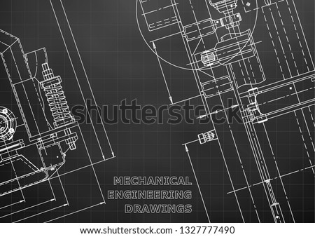 Blueprint, Sketch. Vector engineering illustration. Cover, flyer, banner, Black background. Grid. Instrument-making drawings. Mechanical engineering drawing. Technical