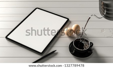 tablet mock-up with clipping path and back coffee, two egg and notebook. vintage style, 3D render.