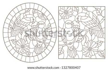 A set of contour illustrations of stained glass Windows with parrots lovebirds and flowers, dark contours on a white background