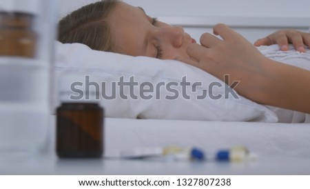 Sick Child in Bed, Ill Kid with Thermometer, Girl in Hospital, Pills Medicine