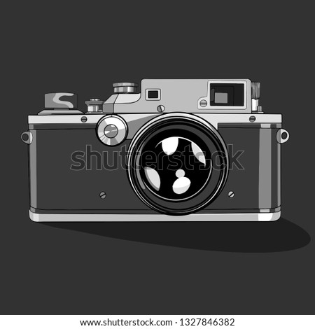Hand drawing vintage old lens retro photo camera. Vector illustration on Grey Background. - Vector