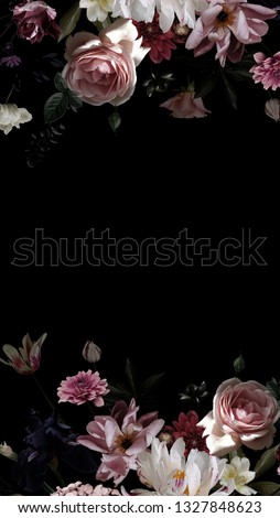Garden flowers. Floral decoration. Black background for text and frame of luxurious roses and peonies. Vintage. Beauty and Romance.