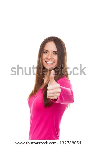 teenage girl smile show thumbs up gesture, in pink shirt, with white teeth, brown long hair, isolated over white background concept of success happy student, young pretty woman