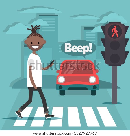 Young character crossing the street on red light.Nomophobia.honking car.flat cartoon illustration.clip art