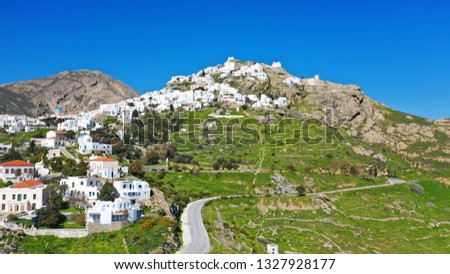 Aerial drone photo of picturesque main village or Chora of Serifos island with breathtaking view to the Aegean sea in spring, Cyclades, Greece