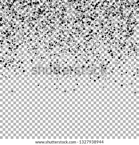 Scattered dense balck dots. Dark points dispersion on transparent background. Bizarre grey spots dispersing overlay template. Magnificent vector illustration.