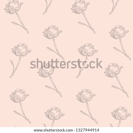 Vector Suble Decorative Seamless Background Pattern with Drawn Rose Flowers, Florals, Plants, Branches. Hand Drawn. Vector Illustration. Perfect for packaging, branding, brand design