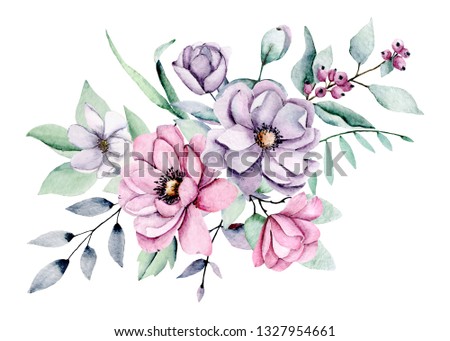 Summer flowers watercolor, pink and violet peonies. Floral clip art. Perfectly for print design on invitations, greeting cards, wall art and other. Isolated on white background. Hand paint.