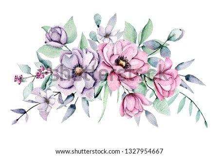 Summer flowers watercolor, border pink and violet peonies. Floral clip art. Perfectly for print design on invitations, greeting cards, wall art and other. Isolated on white background. Hand paint.
