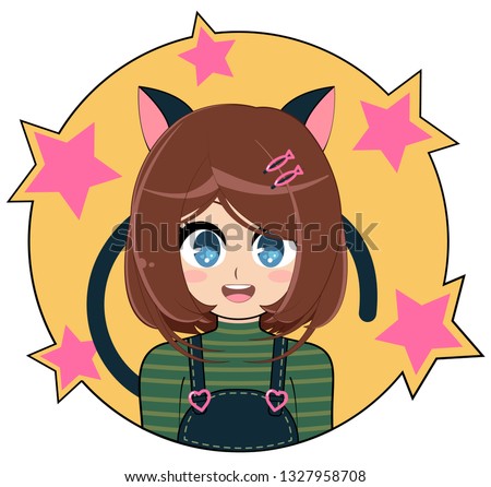 Cute cat girl in anime style. Kawaii neko girl with cat ears. Illustration of a beautiful woman in a frame with stars. Can be used for avatar or sticker.