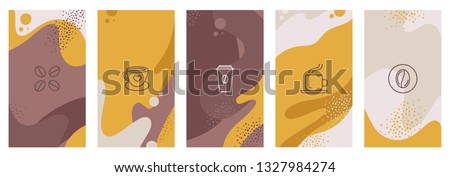 Vector set of abstract creative backgrounds with copy space for text and coffee linear icons - design templates for social medi stories for coffee shop and house - simple, stylish and minimal designs  Royalty-Free Stock Photo #1327984274