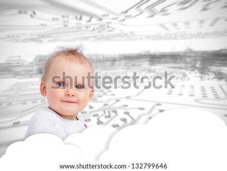 Portrait of a cute baby over clouds with futuristic background
