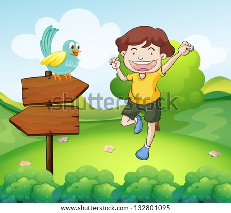 Illustration of the wooden arrows with a bird beside a young man