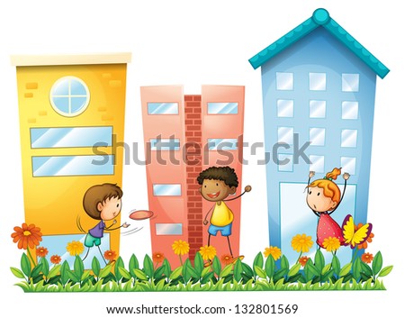 Illustration of the kids playing in front of the high buildings on a white background