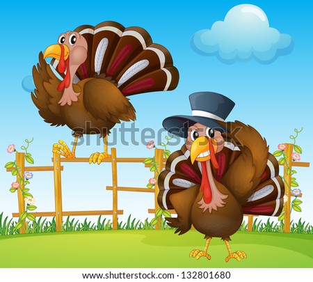 Illustration of a turkey above the wooden fence and a turkey wearing a hat