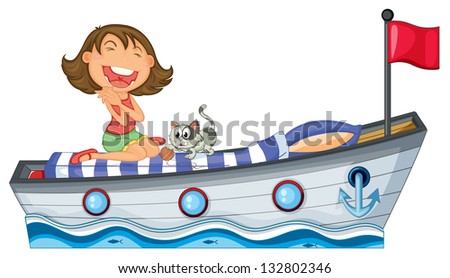 Illustration of a boat with a girl and a cat on a white background