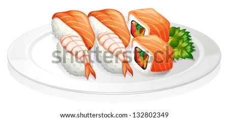 Illustration of a plate full of sushi on a white background
