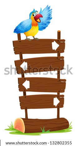 Illustration of a parrot at the top of the signboards with arrows on a white background