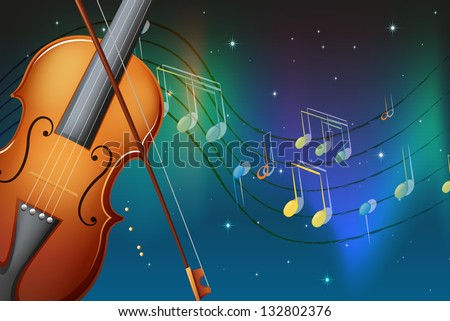 Illustration of a violin and its bow with musical notes
