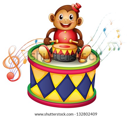 Illustration of a monkey above a big drum on a white background