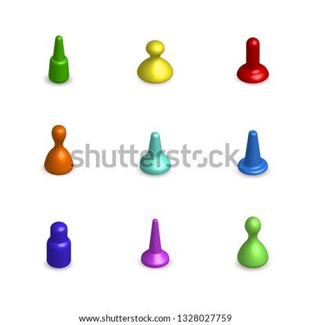 Set of various glossy chips for board games isolated on white background. 3D isometric style, vector illustration.