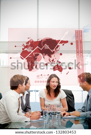 Business workers using red map diagram interface in a meeting