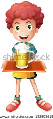 Illustration of a young boy with a mug full of cold beer on a white background