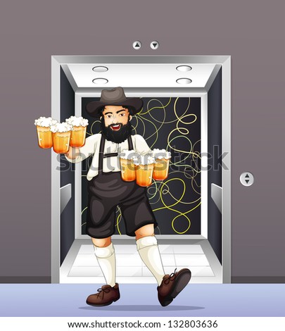 Illustration of a man with mugs of beer