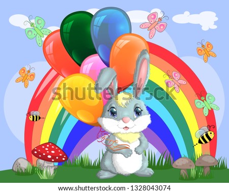 Cute cartoon bunny with an armful of balls on a glade near the rainbow. Spring, love, postcard