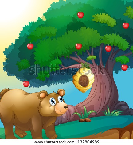 Illustration of a bear looking at the beehive hanging in an apple tree
