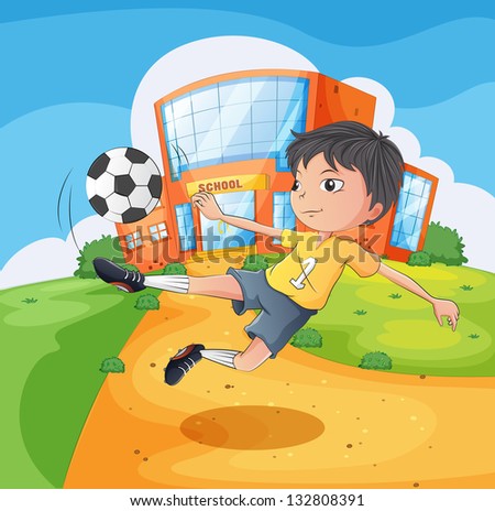 Illustration of a soccer player in front of the school building