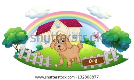 Illustration of a brown puppy in front of a house on a white background