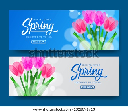 Beauty sale offer discount banner template with illustration of beauty fresh tulips flowers blossom on the blue and white background. Vector coupon voucher promotion marketing
