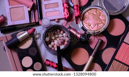 Bridal makeup background, objects, vivid, glitter, pink, fashion, glam, wedding, cosmetics, powder, beatuy, vanity, lipstick, eyeshadow, blush, mascara, gentle, femenine, bride