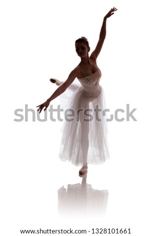 woman ballerina in white long skirt posing on white background
photo made in the style of "low key"
