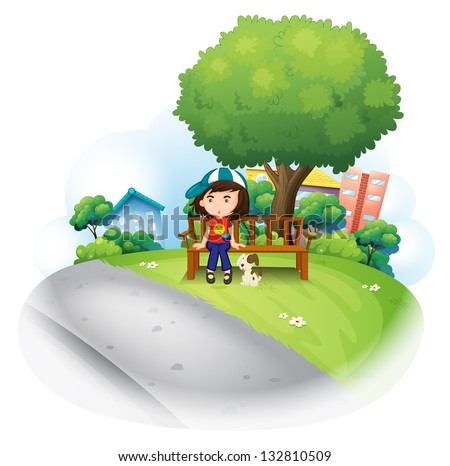 Illustration of a girl sitting at the wooden bench near the big tree on a white background