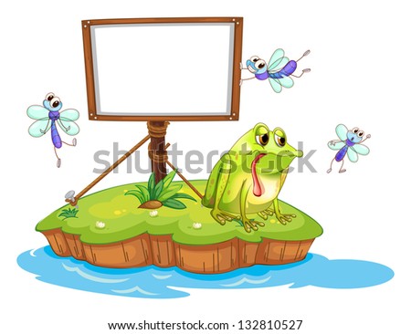 Illustration of a sad frog and a white blank board on a white background