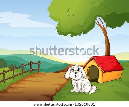 Illustration of a white dog sitting in front of a dog house