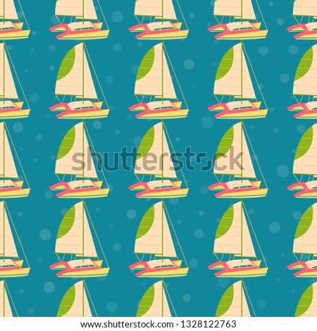 Marine seamless background with cartoon boats vector template for kids cloth, prints, gift paper. Competitions on yachts, boats on the oceanic expanses