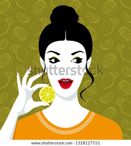 Beautiful smiling woman holding slice of lemon against background with seamless pattern with slices and hole lemons and limes