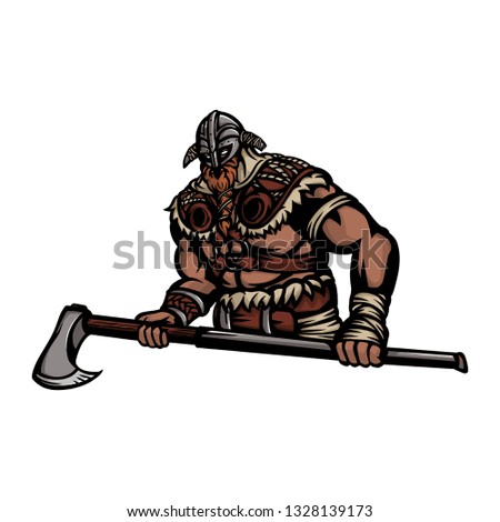 bulky nordic warrior half body with axes