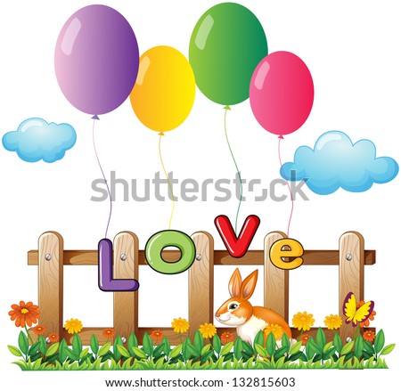 Illustration of the four flying balloons near the wooden fence with a bunny on a white background
