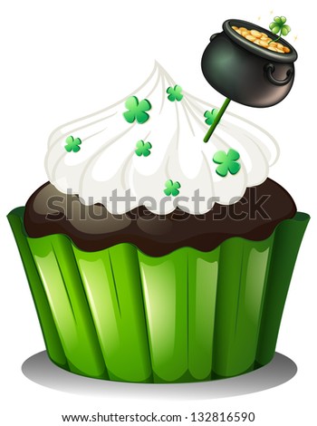 Illustration of a chocolate cupcake with a pot full of coins on a white background