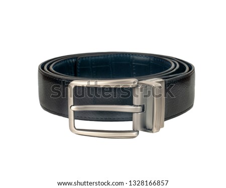 Black mens leather belt isolated on white background