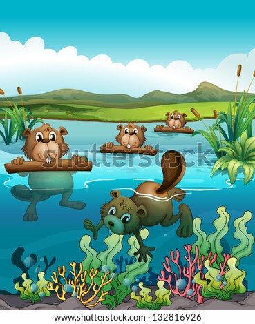 Illustration of the four beavers playing in the river