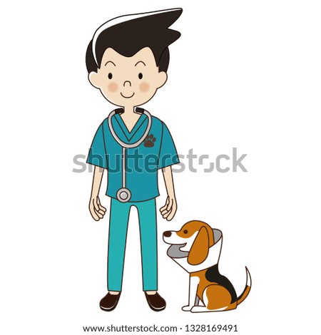 veterinarian man with be a beagle dog in collar.