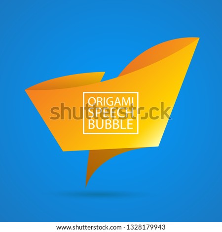 Abstract orange origami speech bubble or banner isolated on blue background.  Ribbon banner, scroll, price tag, sticker, badge, poster. Vector illustration 