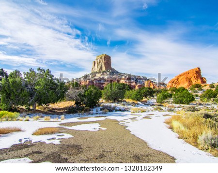 Monument Valley, USA. Landscape on the big mountains. Canyons Trees and snow. National park.