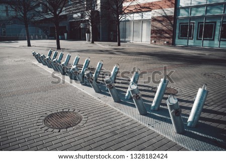 Public bike parking with no bicycles at Warsaw, Poland