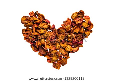 Dried rose petals designed to heart shaped. Valentine's day, endless love forever, isolated on white background.